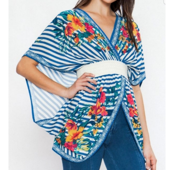 Flying Tomato Tops - Beautiful Striped Floral Print Top small